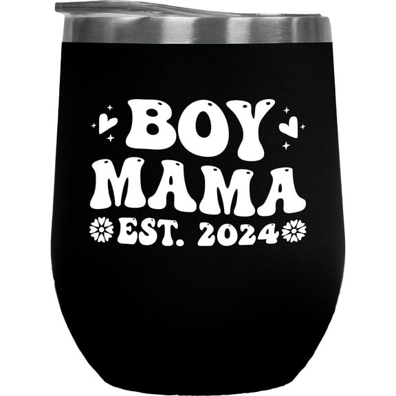 Boy Mama Est. 2024 - Wavy Text, Gender Reveal Party, Mom-To-Be, Black 12oz Wine Tumbler