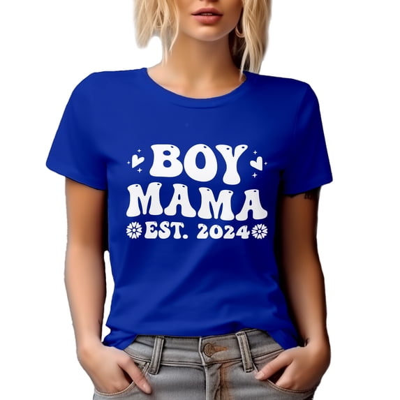 Boy Mama Est. 2024 - Wavy Text, Gender Reveal Party, Mom-To-Be, Royal Blue T-Shirt, Medium