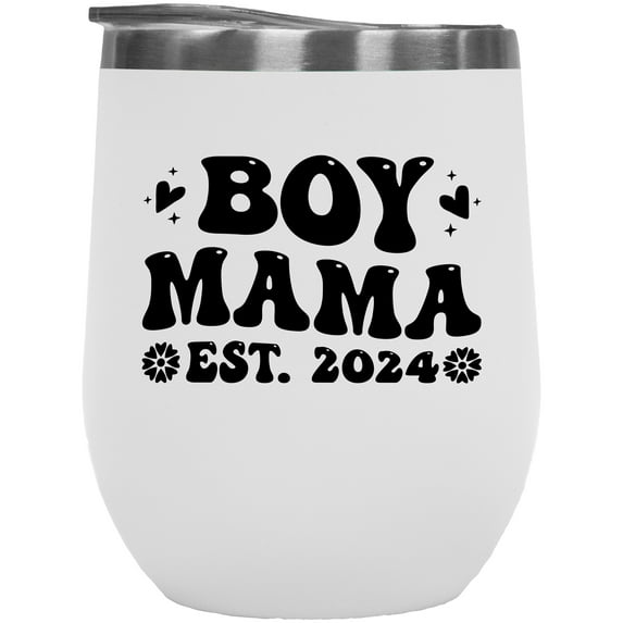 Boy Mama Est. 2024, Wavy Text, Gender Reveal Party, Mom-To-Be, White 12oz Wine Tumbler