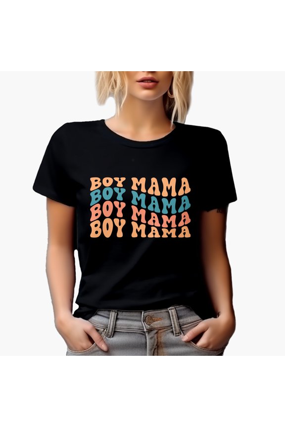 Boy Mama, Mom of Boys Themed, Groovy Retro Wavy Text Merch Gift, Black T-Shirt, XL
