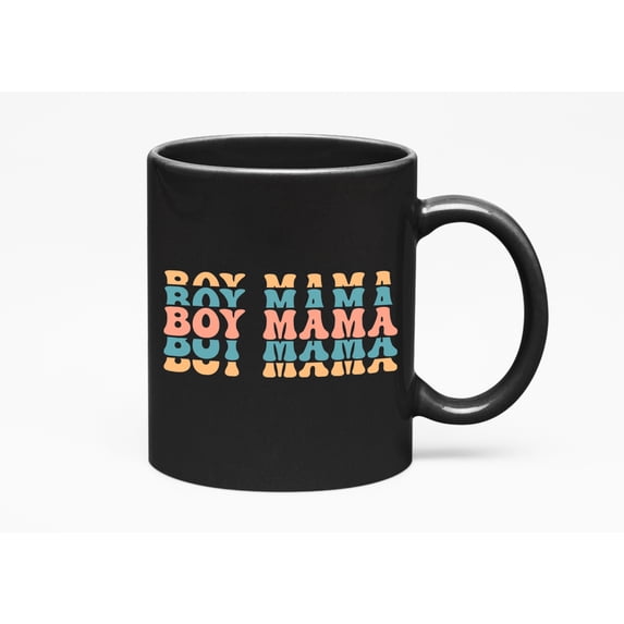 Boy Mama, Mom or Mother of Boys Themed, Groovy Retro Wavy Text Merch Gift, Black 11oz Ceramic Mug
