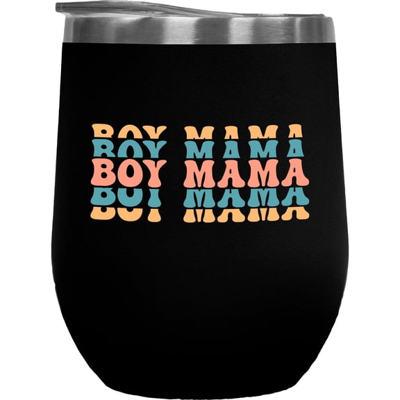 Boy Mama, Mom or Mother of Boys Themed, Groovy Retro Wavy Text Merch Gift, Black 12oz Wine Tumbler