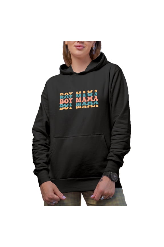 Boy Mama, Mom or Mother of Boys Themed, Groovy Retro Wavy Text Merch Gift, Black Hooded Sweatshirt or Hoodie, Small
