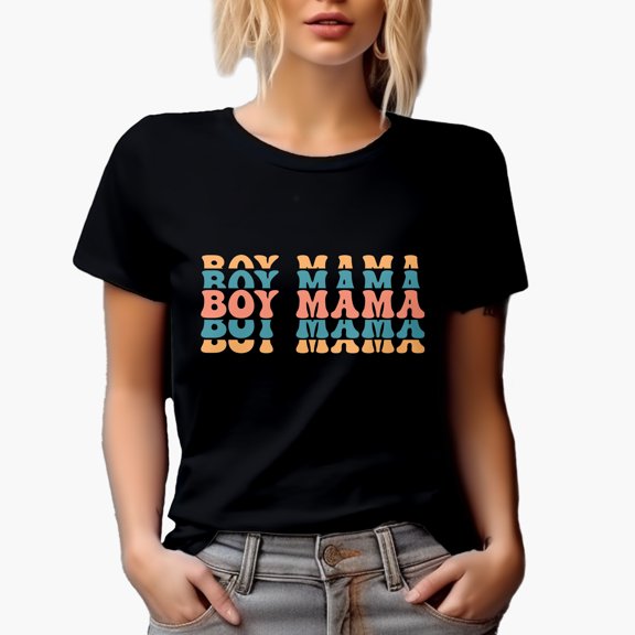 Boy Mama, Mom or Mother of Boys Themed, Groovy Retro Wavy Text Merch Gift, Black T-Shirt, 2XL