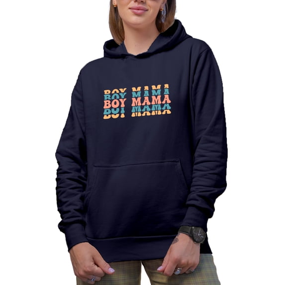Boy Mama, Mom or Mother of Boys Themed, Groovy Retro Wavy Text Merch Gift, Navy Blue Hooded Sweatshirt or Hoodie, Medium