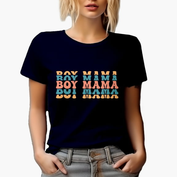 Boy Mama, Mom or Mother of Boys Themed, Groovy Retro Wavy Text Merch Gift, Navy Blue T-Shirt, Large