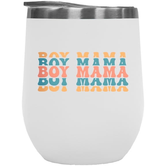 Boy Mama, Name for a Mother of One or More Boys, Groovy Retro Wavy Text Merch Gift, White 12oz Wine Tumbler