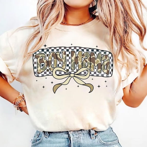 Boy Mama T-Shirt, Camo Coquette Bow Shirt, Checkered Mom of Boys T-Shirt, Trendy Mama T-Shirt, Cool Boy Mom Gift