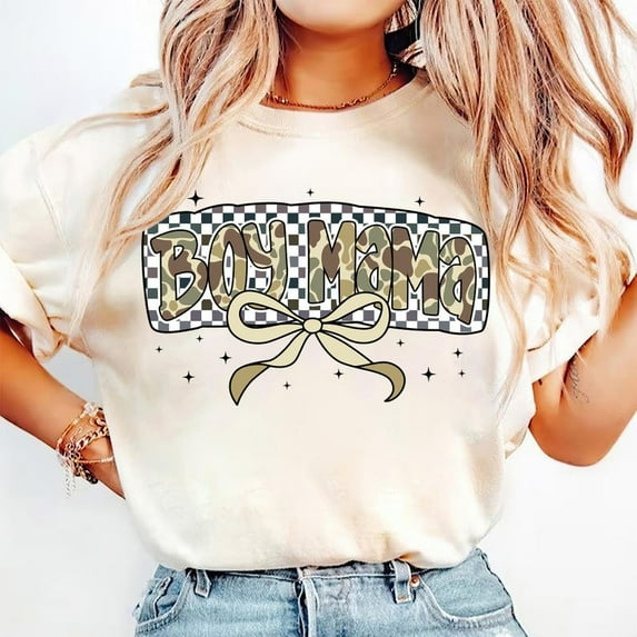 Boy Mama T-Shirt, Camo Coquette Bow Shirt, Checkered Mom of Boys T-Shirt, Trendy Mama T-Shirt, Cool Boy Mom Gift
