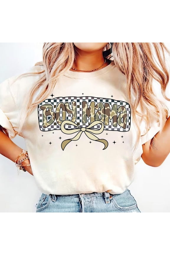 Boy Mama T-Shirt, Camo Coquette Bow Shirt, Checkered Mom of Boys T-Shirt, Trendy Mama T-Shirt, Cool Boy Mom Gift
