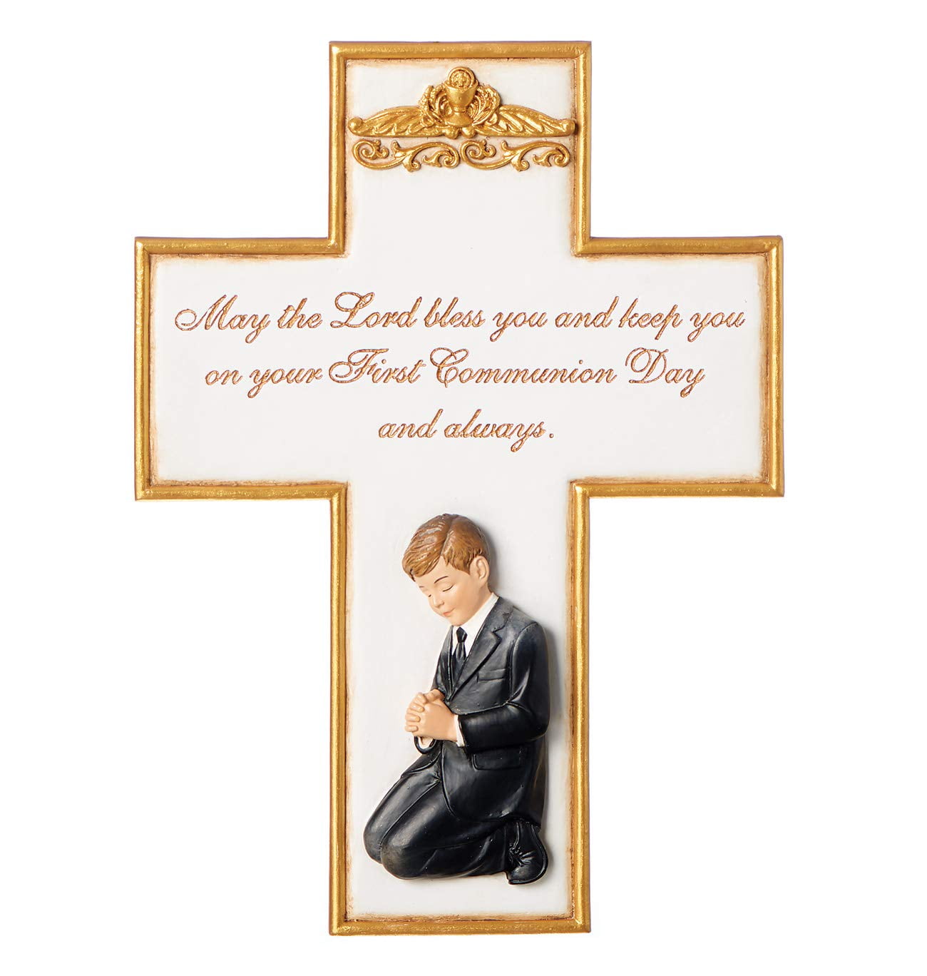 Boy's First Communion Frame – Resin Stone Gold Tone Wall/Tabletop Photo Frame, Holds 4x6 Photo