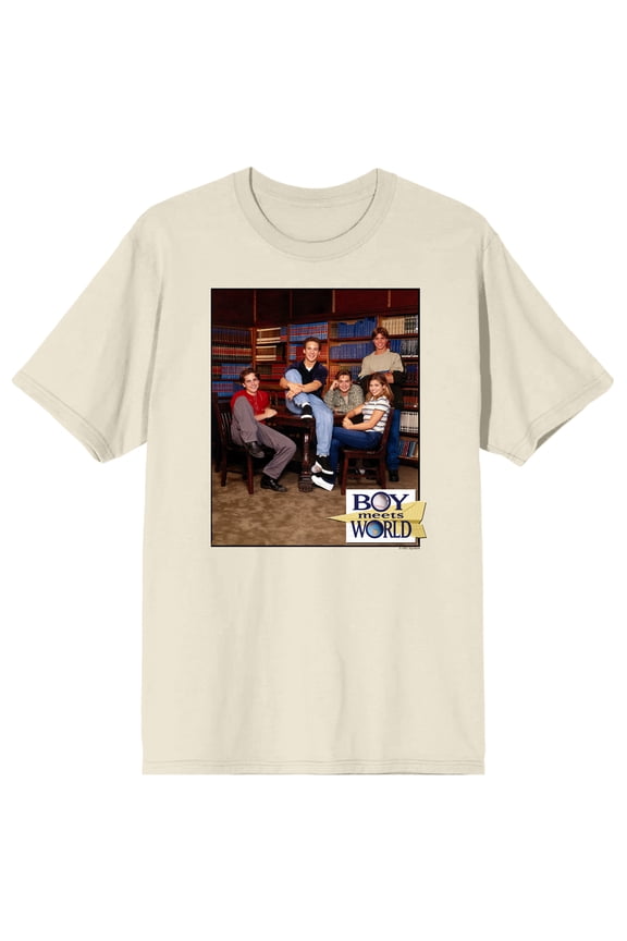 Boy Meets World Cory, Topanga, Shawn, Eric, and Jack in a Library Men's Sand Short Sleeve Tee-3XL