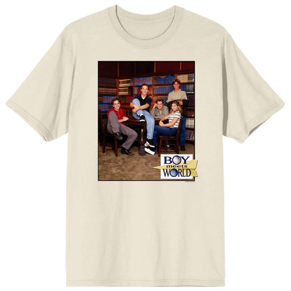 Boy Meets World Cory, Topanga, Shawn, Eric, and Jack in a Library Men's Sand Short Sleeve Tee-Small