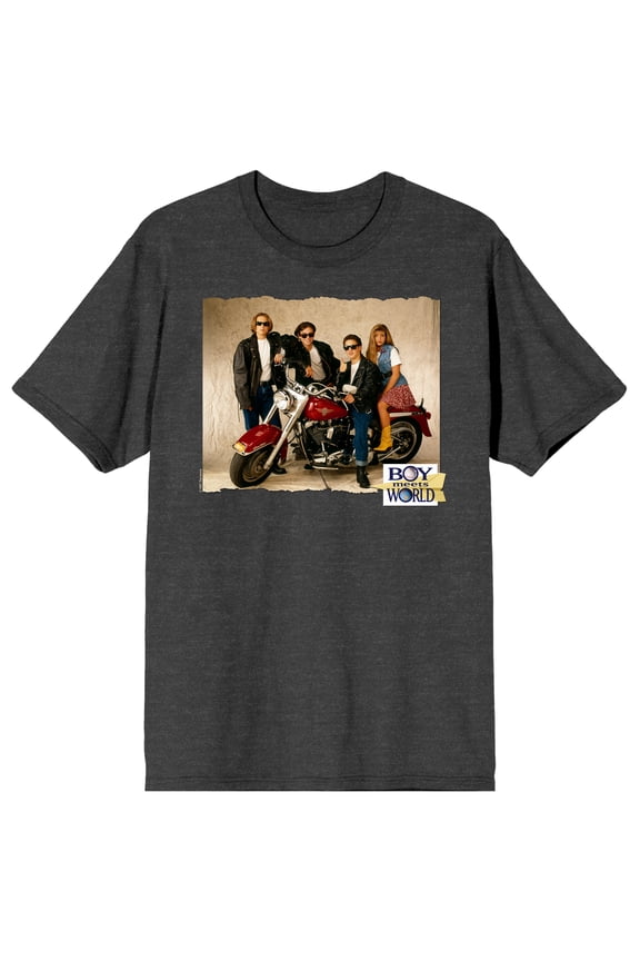 Boy Meets World Cory, Topanga, Shawn, and Eric on a Motorcycle Men's Charcoal Heather Short Sleeve Tee-3XL