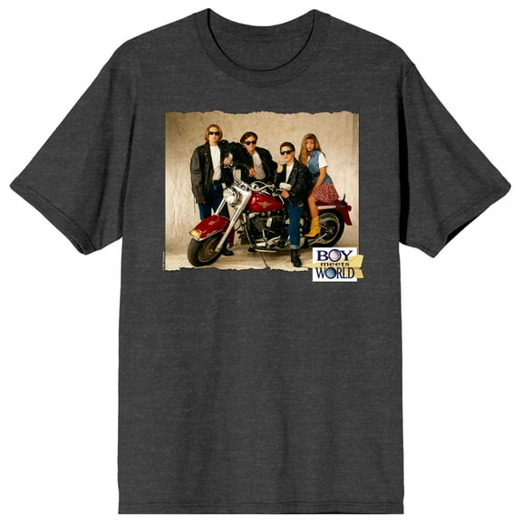 Boy Meets World Cory, Topanga, Shawn, and Eric on a Motorcycle Men's Charcoal Heather Short Sleeve Tee-Large