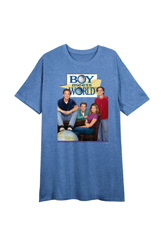 Boy Meets World Main Characters & Logo Crew Neck Short Sleeve Blue Heather Women's Night Shirt-Small