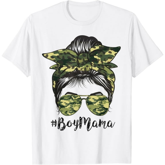 Boy Mom Camo Messy Bun Camouflage Mama Mothers Day 2022 T-ShirtMen and women, White T-shirt, size: Extra large