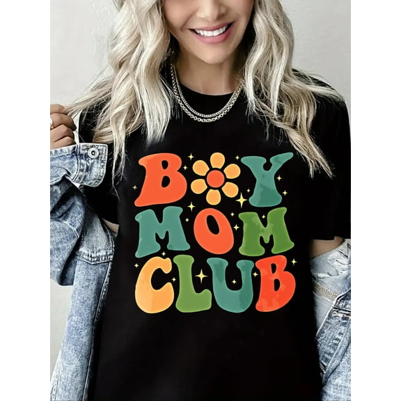 Boy Mom Club Print Short Sleeve Shirts for Women Black One-Piece
