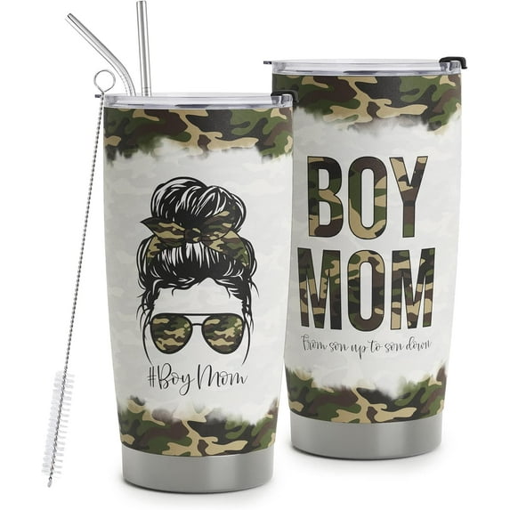 Boy Mom Tumbler - Mom of Boys Vacuum Insulated Stainless Steel Travel Mug with Straw for Mom Birthday Mothers Day from son - Camo Mom Cups 20oz