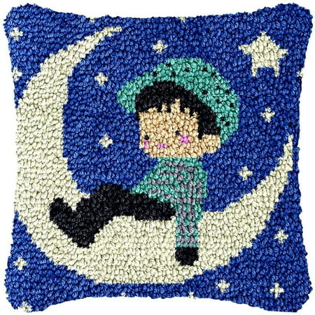 Boy on Moon Latch Hook Pillow Cover Kits for DIY Handmade Throw Pillow Cross Stitch Latch Hook Pillowcase Rug Kits with Preprinted Color Pattern Canvas Crochet Yarn Kits 17''X 17''(fv101)