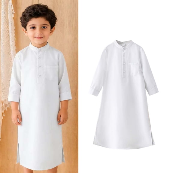 Boy Thobe Long Sleeve Button White Long Thobe Kids Eid Outfit Boys Size 6-7 Years Clothes