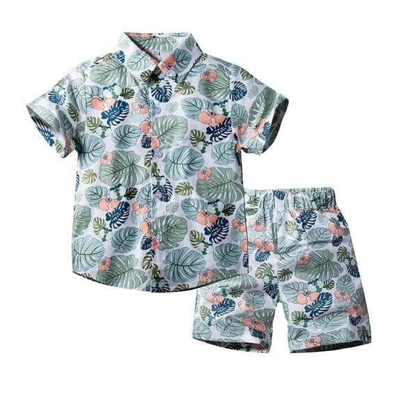 Boy Outfit Tropical Print Shirt Beach Pants Children's Clothing Seaside Travel Children's Set Baby Boy Clothes Green 1 Years-2 Years