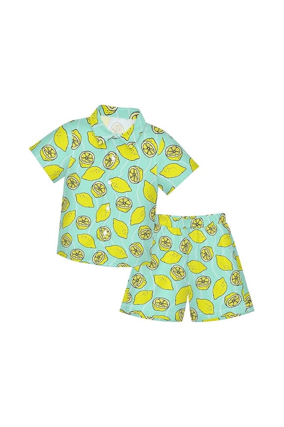 Boy Outfits Lemon Print Short Sleeve Collared Shirt and Shorts 2 Pcs Boy Clothes Green Size 8-9 Y