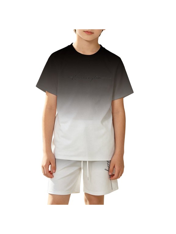Boy Outfits Sets Cool Gradient City Graphic Short Sleeve T Shirt Shorts Breathable Mesh Cute Vacation Travel Clothes