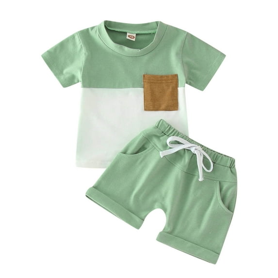 Boy Outfits Short Sleeve Clothing Children Patchwork Color Pocket Tops Shorts Baby Girl Clothes Green 18 Months-24 Months