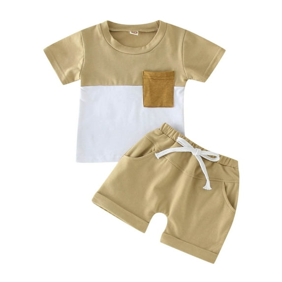 Boy Outfits Short Sleeve Clothing Children Patchwork Color Pocket Tops Shorts Baby Girl Clothes Khaki 18 Months-24 Months