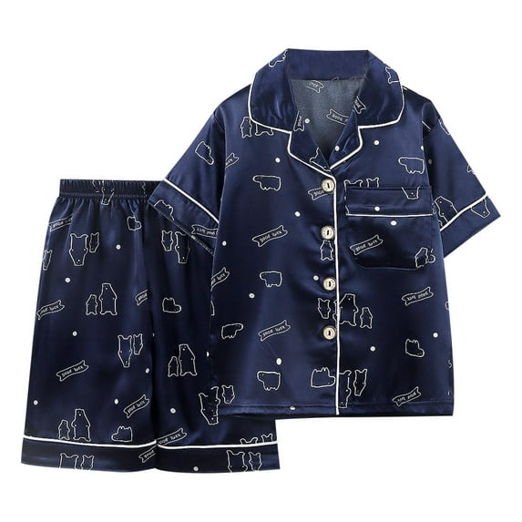 Boy Outfits Summer Boys Girls Cartoon Thin Lapel Short Sleeve Home Wear Pajamas Shirt Tops Shorts Baby Boy Clothes Dark Blue 10 Years-11 Years