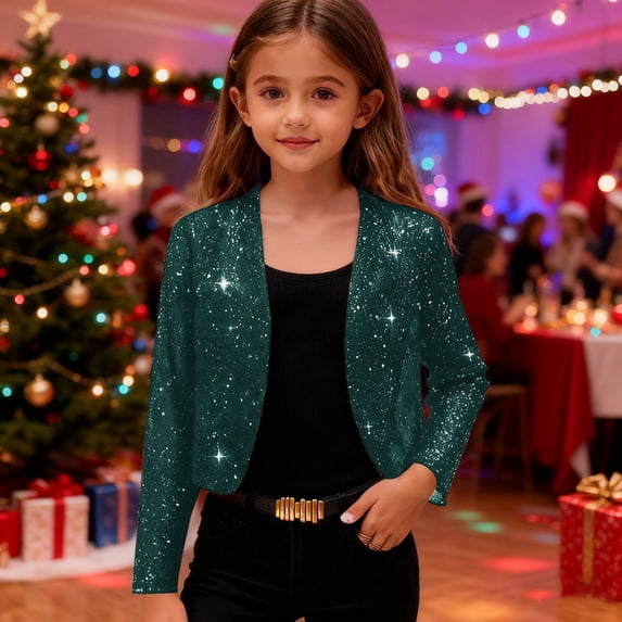 Boy Oversized Hooded Jacket Kids Glitter Sequin Cropped Cardigan 3/4 Sleeve Open Front Lightweight Shiny Mesh Shrugs Outerwear for Birthday Casual Party Wear Green 5Y