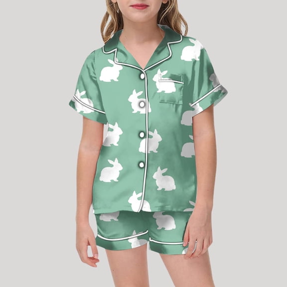 Boy Pajamas Easter Pajamas Bunny Printed Short Sleeve Button Down Pajama Spring Pajamas for Toddlers 6-7 Years