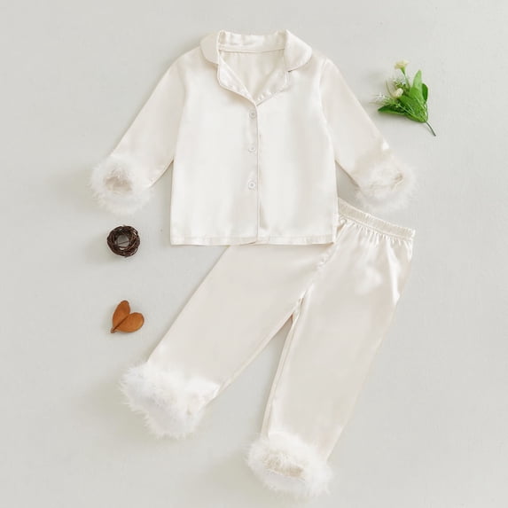 Boy Pajamas Set Beige Girls Silk Pajamas Set Button Down Tops + Pants Toddler Girls' Sleepwear 2T