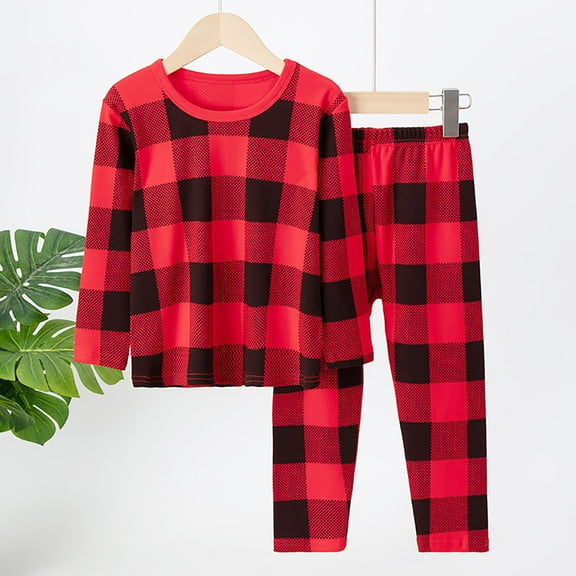 Boy Pajamas Sets Plaid Design Top and Pants 2 Piece Long Sleeve Snug-Fit Sleepwear Spring Thermal Loungewear Red 8-9 Years