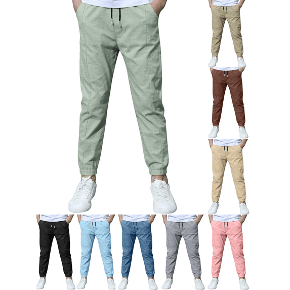 Boy Pants Casual Cotton Linen Pants Drawstring Waist Tapered Lounge Pants for Kids Solid Color Slacks with Pockets