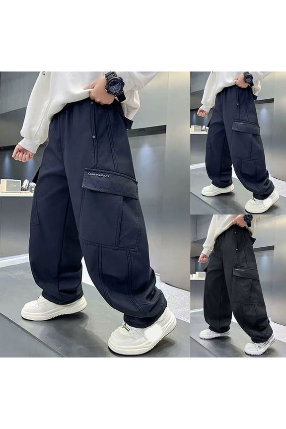 Boy Pants Youth Loose Wide Leg Cargo Trousers Straight Comfortable Long Style Boys Black 8-9Y