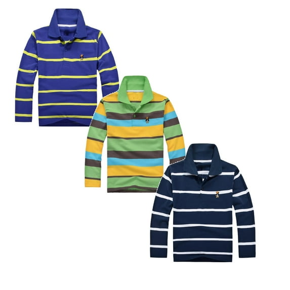 Boy Polo Shirts 8-9 Years Long Sleeve Striped Shirt Button Closure School Uniform Tee Big Boys Cotton Breathable Fabric Polo Rugby Shirt Tops 3 Pieces