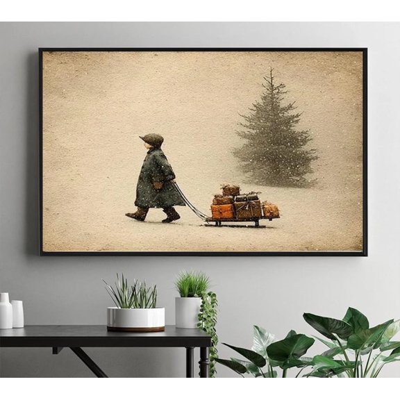 Boy Pulling Sled Dark Moody Winter Rustic Farmhouse Wall Art UNFRAMED PAPER POSTER