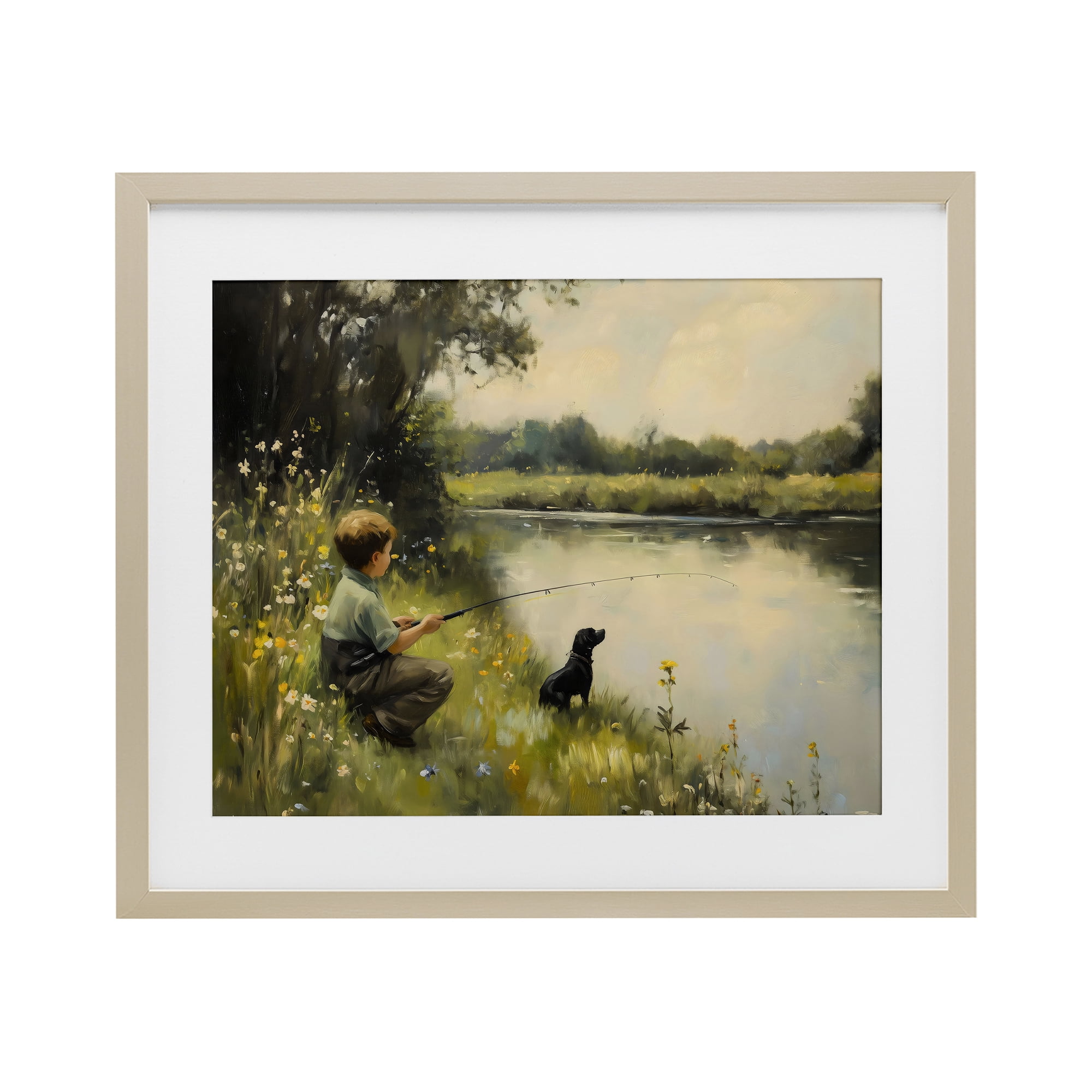 Boy & Puppy Fishing Birch Framed Print Under Glass, design by Arlington Prints