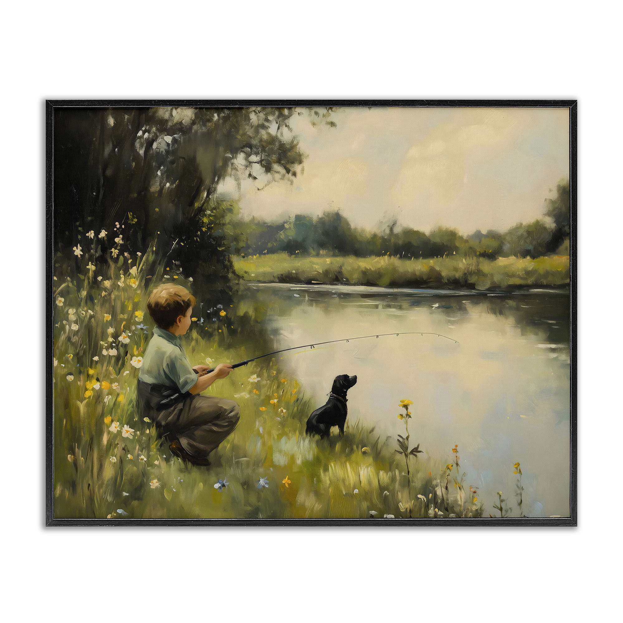 Boy & Puppy Fishing Black Framed Giclee Art, design by Arlington Prints