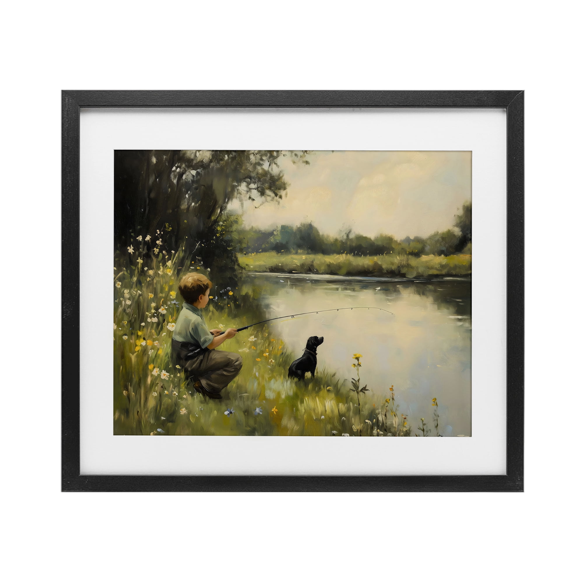 Boy & Puppy Fishing Black Framed Print Under Glass, design by Arlington Prints
