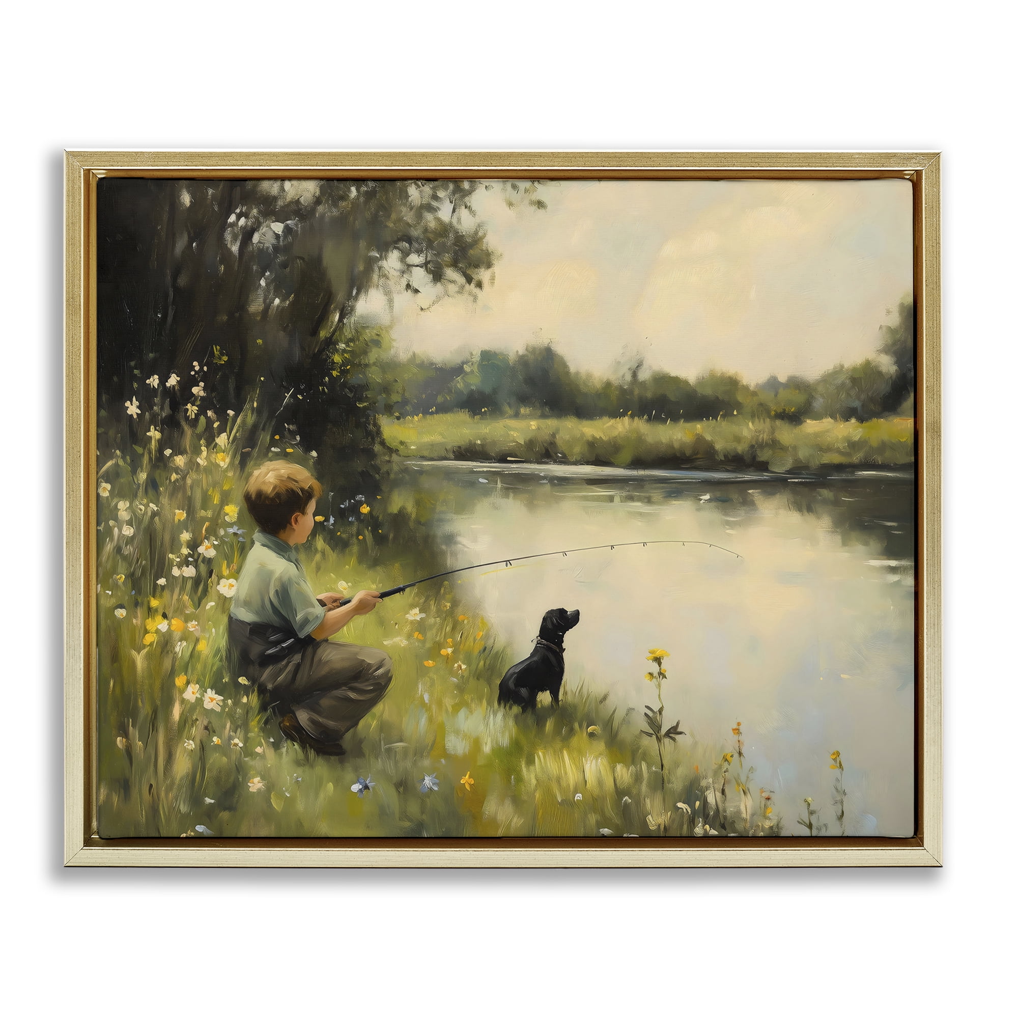 Boy & Puppy Fishing Gold Framed Floater Canvas Wall Art, design by Arlington Prints