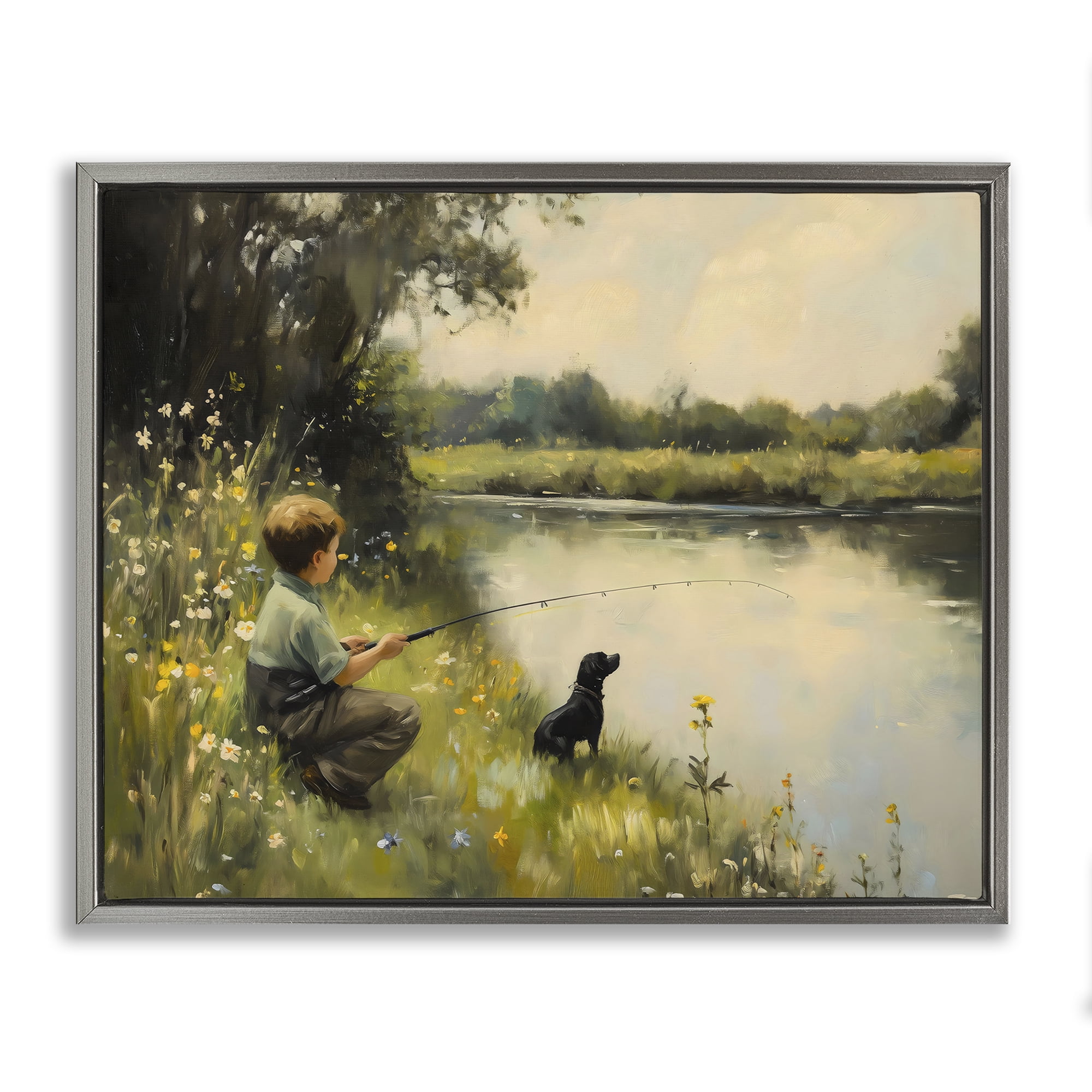 Boy & Puppy Fishing Gray Framed Floater Canvas Wall Art, design by Arlington Prints