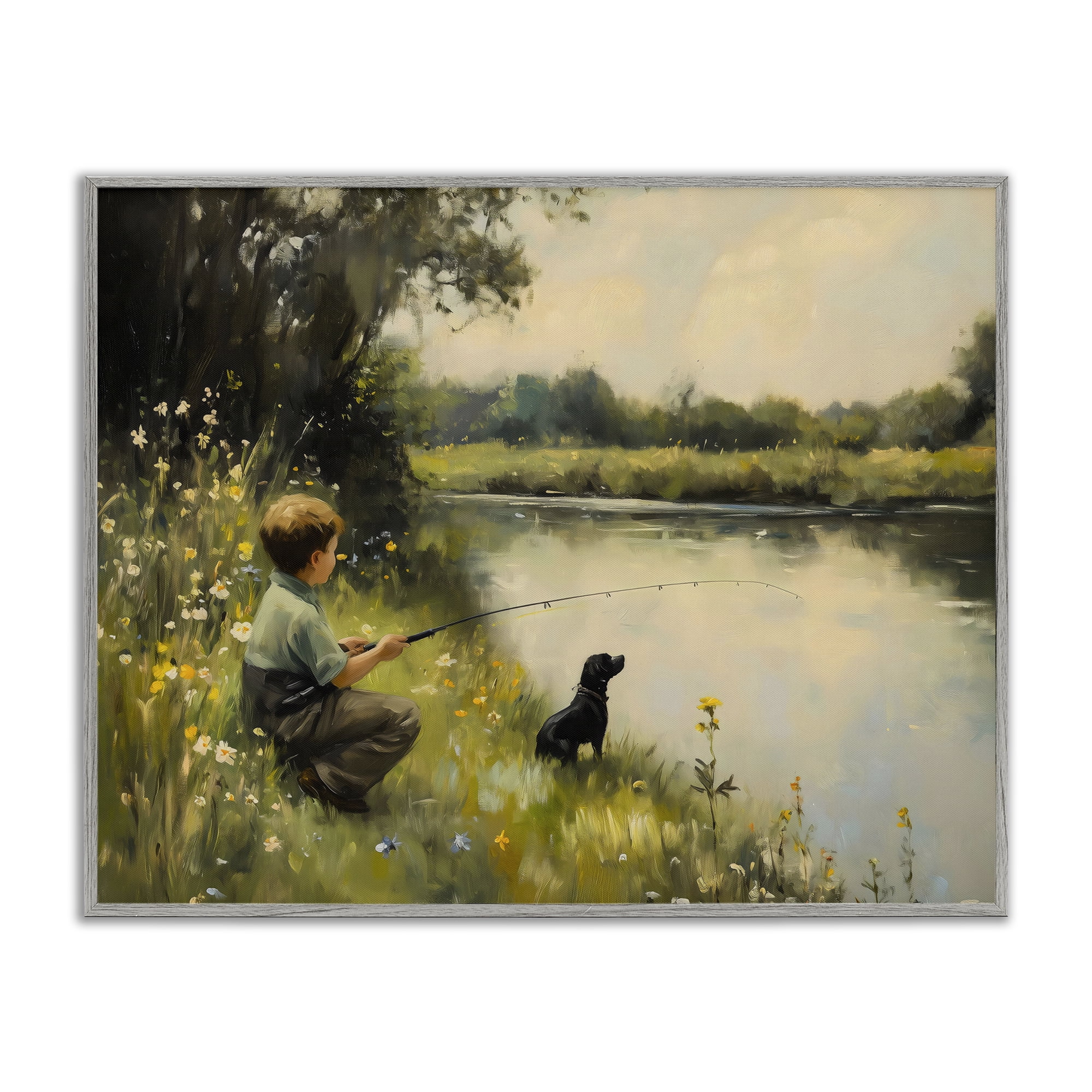 Boy & Puppy Fishing Gray Framed Giclee Art, design by Arlington Prints