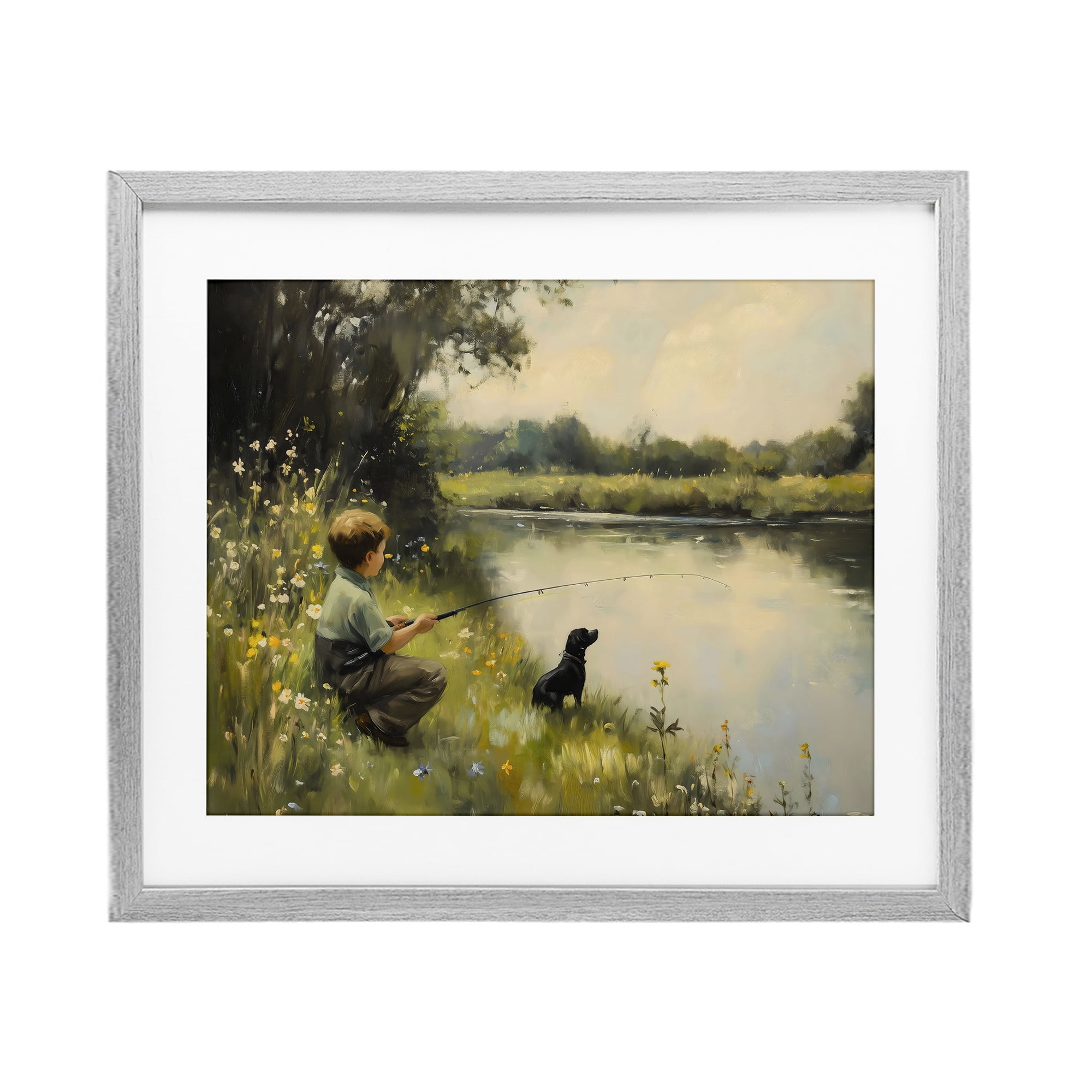 Boy & Puppy Fishing Gray Framed Print Under Glass, design by Arlington Prints