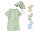 thumbnail image 1 of Boy Rash Guard Striped Short Sleeve Zipper Swimsuit with Hat Baby Boy Summer Outfit Baby Swim Suits 6-12 Months, 1 of 7