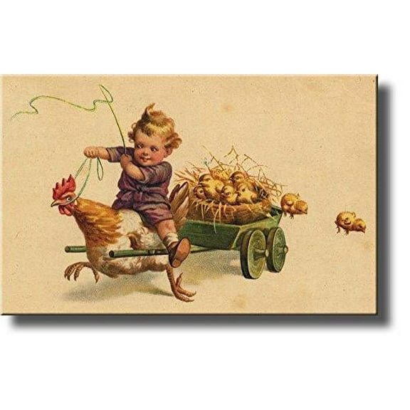 Boy Riding Chicken with Little Chicks Picture on Stretched Canvas, Wall Art Decor Ready to Hang!.