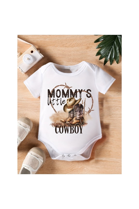 Boy'S Onesie with The Phrase 'MOMMY'S LITTLE COWBOY' Print, Cute Short-Sleeve Romper for Newborns, for Outdoor