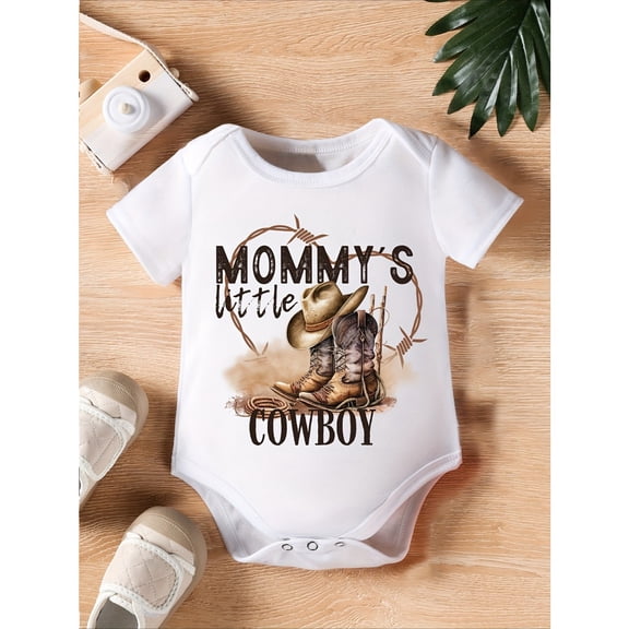 Boy'S Onesie with The Phrase 'MOMMY'S LITTLE COWBOY' Print, Cute Short-Sleeve Romper for Newborns, for Outdoor
